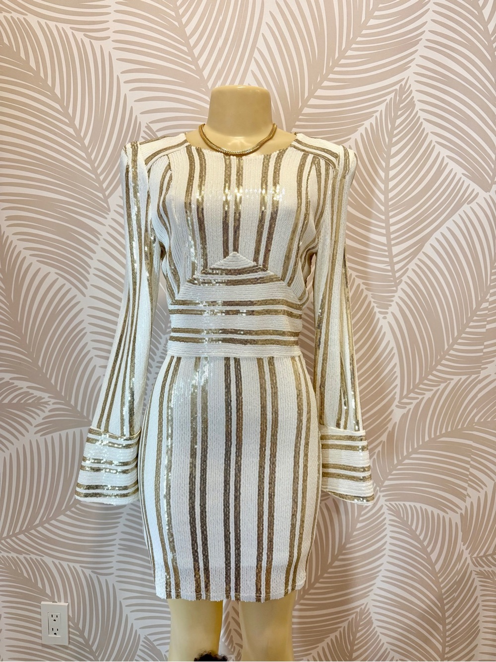 Sequin Stripe Long-Sleeve Mini Dress in White and Gold